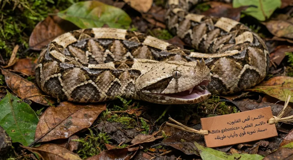 أفعى الغابون مموهة على أرض الغابة مع بطاقة تعريف عربية