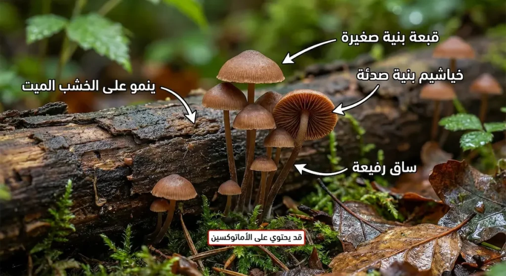 فطر بني صغير على خشب ميت مع تسميات عربية لأجزاءه وتحذير من احتمال احتوائه على الأماتوكسين.