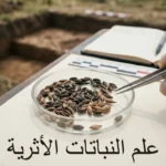 لقطة ماكرو لبذور قمح وشعير متفحمة على طبق بتري بجوار أدوات فرز في موقع تنقيب أثري
