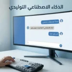 شاشة حاسوب تعرض واجهة محادثة مع ذكاء اصطناعي ويد بشرية تكتب على لوحة المفاتيح مع نص الذكاء الاصطناعي التوليدي