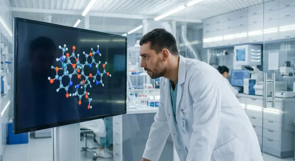 طبيب ينظر إلى شاشة حاسوب تعرض نموذجاً ثلاثي الأبعاد لجزيء دوائي مُصمم بالذكاء الاصطناعي