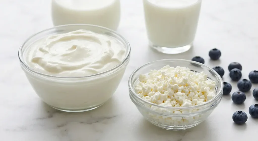 وعاء زبادي يوناني كريمي القوام وجبن قريش محبب وكوب حليب، منتجات ألبان غنية بالبروتين
