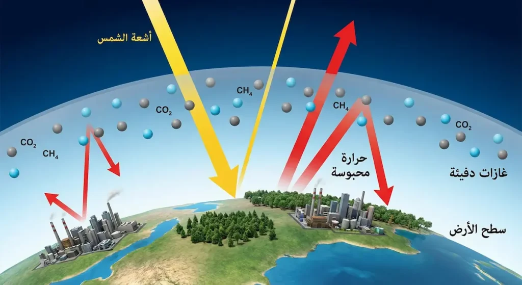 رسم توضيحي علمي يُظهر كيف تحبس الغازات الدفيئة مثل ثاني أكسيد الكربون والميثان الحرارة المنعكسة من سطح الأرض ومنعها من التسرب للفضاء