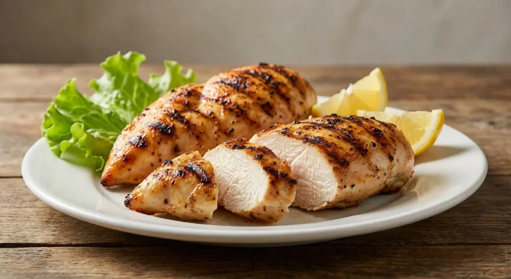 صدور دجاج مشوية منزوعة الجلد مقطعة إلى شرائح تُظهر اللحم الأبيض الطري، تحتوي على 31 جرام بروتين لكل 100 جرام