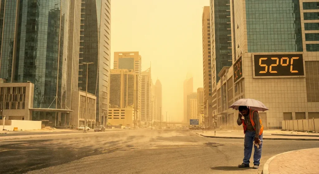 مدينة خليجية حديثة تحت موجة حر شديدة مع ميزان حرارة يُظهر 52 درجة مئوية وشوارع شبه خالية من المشاة