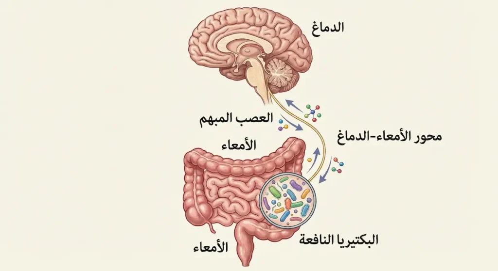 رسم توضيحي يُظهر الاتصال ثنائي الاتجاه بين الدماغ والأمعاء عبر العصب المبهم مع إبراز دور البكتيريا النافعة في هذا المحور