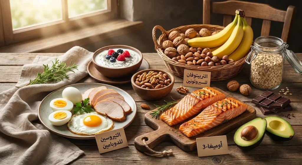 صورة لأطعمة صحية تشمل البيض والموز والسمك والشوكولاتة الداكنة والمكسرات مع توضيح دورها في إنتاج الدوبامين والسيروتونين