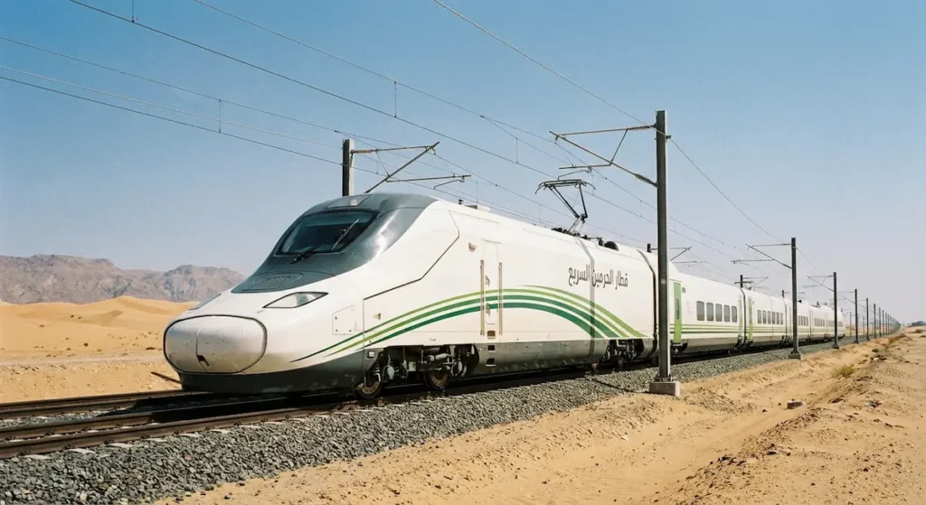 قطار الحرمين السريع يسير على سكته الملحومة المستمرة عبر البيئة الصحراوية في المملكة العربية السعودية