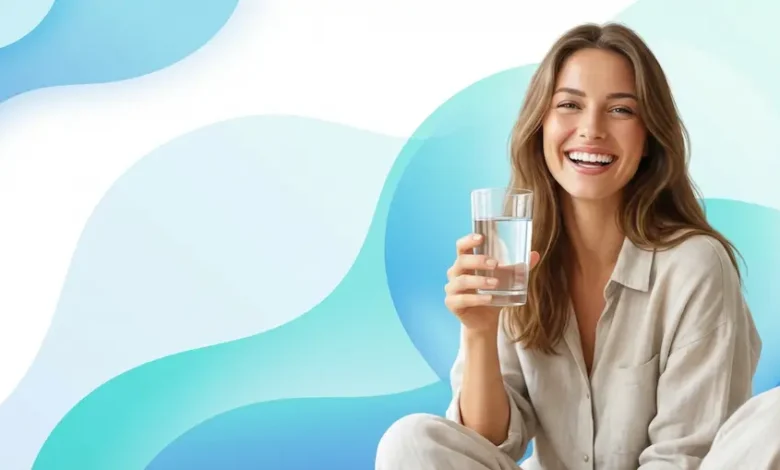امرأة تشرب الماء بصحة ونشاط - غلاف حاسبة احتياج الماء