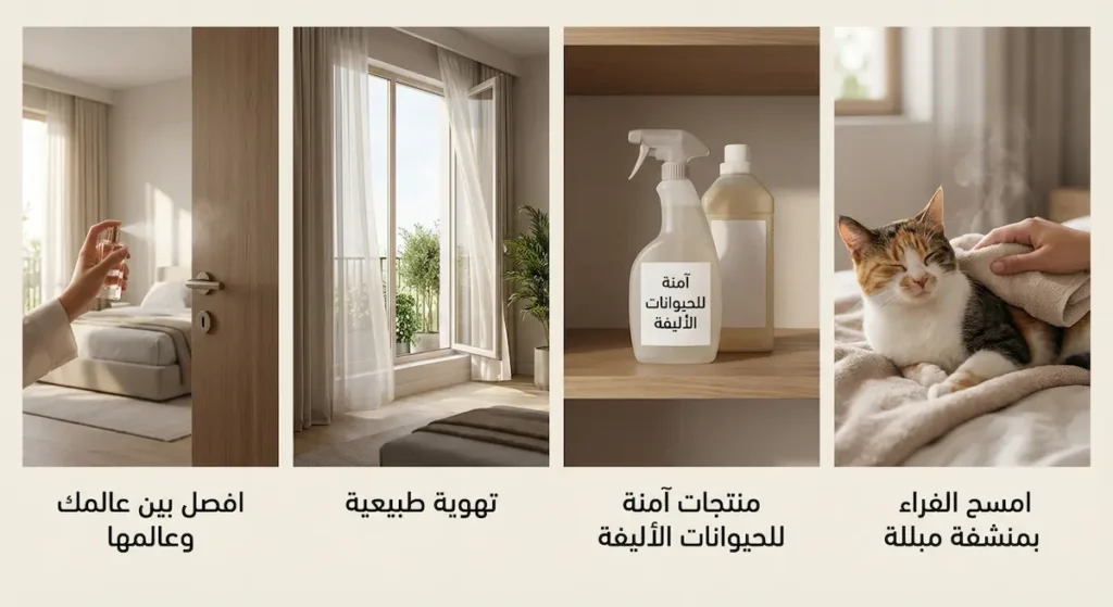 إنفوغرافيك يوضح حماية القطط من العطور عبر رش العطر في غرفة منفصلة والتهوية واختيار منتجات آمنة ومسح الفراء بمنشفة مبللة.
