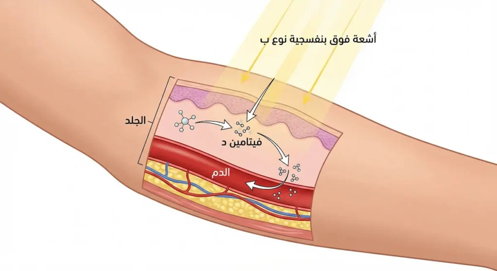  رسم طبي يوضح إنتاج فيتامين د في الجلد بفعل أشعة فوق بنفسجية نوع ب وانتقاله إلى الدم