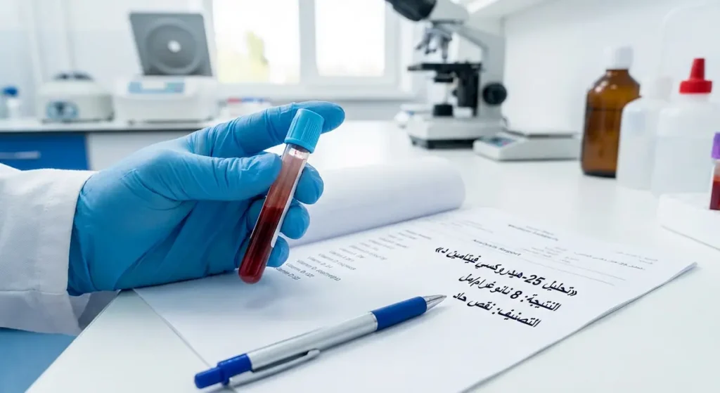 صورة مختبر تُظهر أنبوب دم وتقرير «تحليل 25-هيدروكسي فيتامين د» مع نتيجة منخفضة