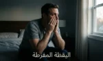 شخص يجلس على حافة سرير في إضاءة خافتة يضع يديه على رأسه بملامح مرهقة تعكس حالة اليقظة المفرطة