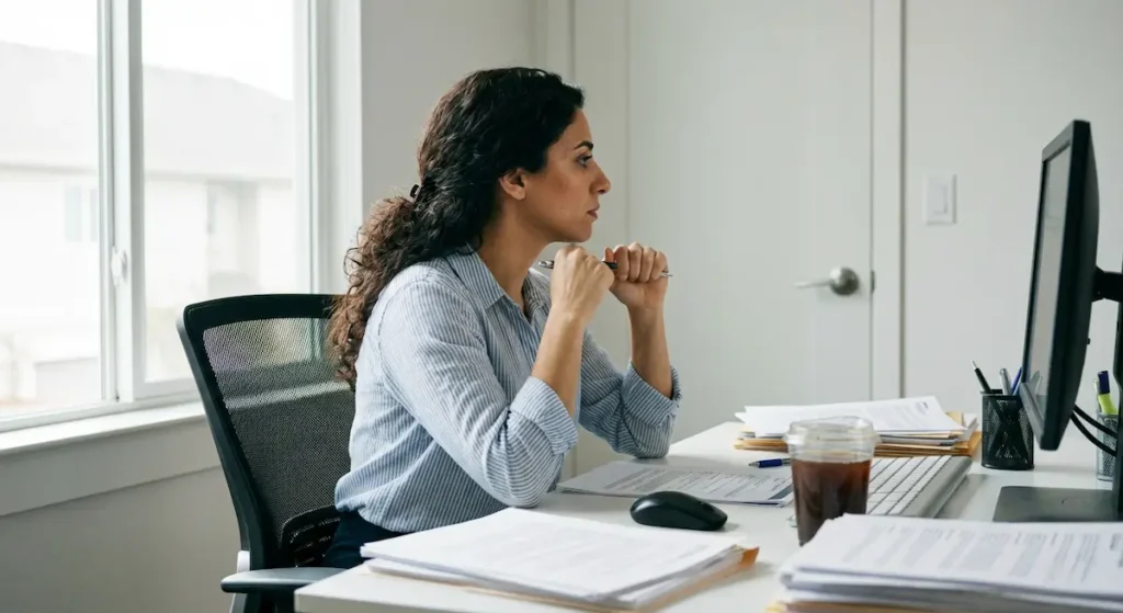  امرأة عربية في مكتب عمل تجلس بتوتر وتراقب الباب بقلق رغم انشغالها بالعمل