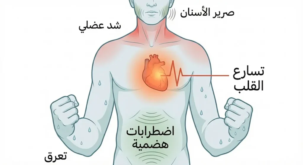  رسم توضيحي لجسم الإنسان يُظهر مواقع الأعراض الجسدية لليقظة المفرطة شاملة تسارع القلب والشد العضلي والتعرق والاضطرابات الهضمية