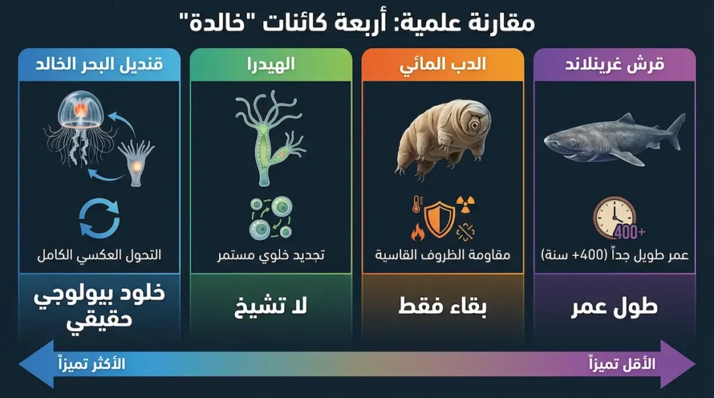إنفوجرافيك يقارن بين أربعة كائنات تتحدى الموت: قنديل البحر الخالد بالتحول العكسي، الهيدرا بالتجديد المستمر، الدب المائي بالمقاومة، وقرش غرينلاند بطول العمر
