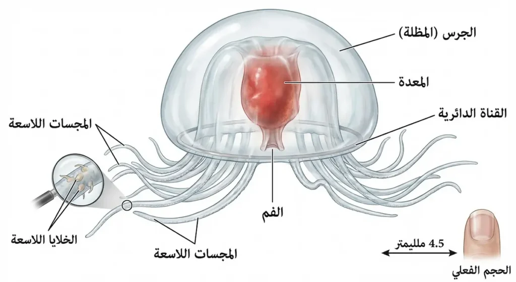 رسم تشريحي علمي لقنديل البحر الخالد يوضح أجزاءه الرئيسية: الجرس، المعدة، الفم، المجسات اللاسعة، والقناة الدائرية، مع مقياس يُظهر حجمه الفعلي 4.5 ملليمتر