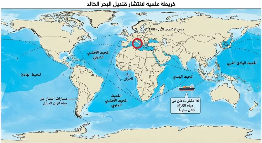خريطة عالمية تُظهر انتشار قنديل البحر الخالد من موقع اكتشافه الأصلي في البحر المتوسط إلى جميع محيطات العالم عبر مياه اتزان السفن التجارية