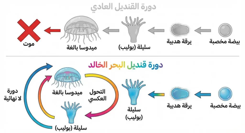 رسم بياني دائري يقارن بين دورة حياة القنديل العادي المنتهية بالموت ودورة قنديل البحر الخالد المستمرة عبر التحول العكسي