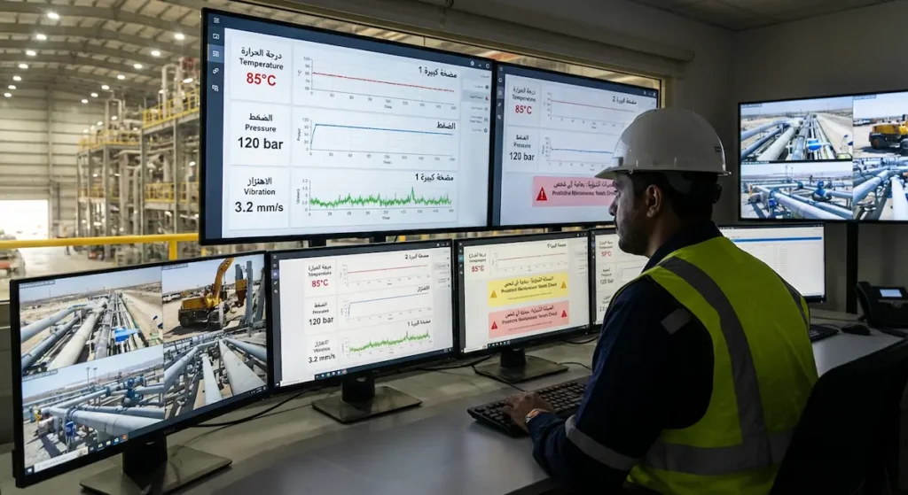 مهندس في غرفة تحكم يراقب عبر شاشات بيانات مستشعرات متصلة ضمن إنترنت الأشياء الصناعي (Industrial Internet of Things - IIoT).