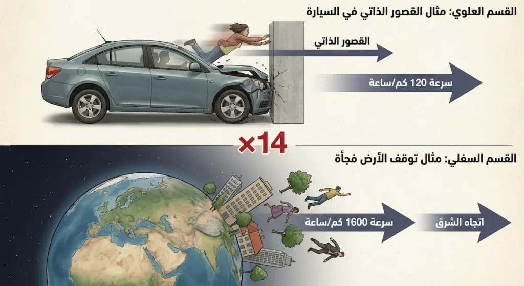رسم مقارن يوضح القصور الذاتي: سيارة تصطدم بسرعة 120 كم/ساعة مقابل انطلاق الأجسام بسرعة 1600 كم/ساعة عند توقف الأرض