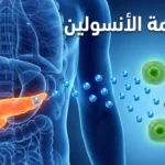 رسم توضيحي طبي يُظهر البنكرياس وهو يُفرز الأنسولين نحو خلايا الجسم، مع توضيح الخلايا المقاومة والخلايا المستجيبة