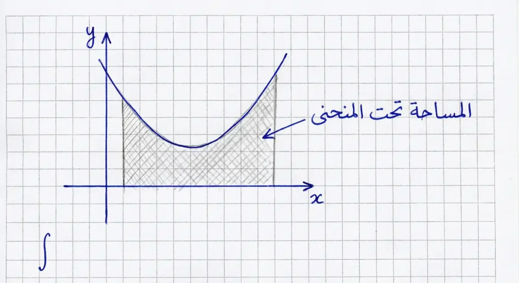  رسم في دفتر رياضيات يوضح المساحة تحت المنحنى كتطبيق للتكامل
