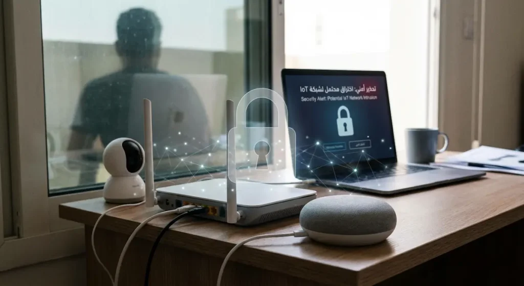 مجموعة أجهزة منزلية متصلة بإنترنت الأشياء (Internet of Things - IoT) مع واجهة برنامج أمان تُبرز مخاطر الاختراق والخصوصية.