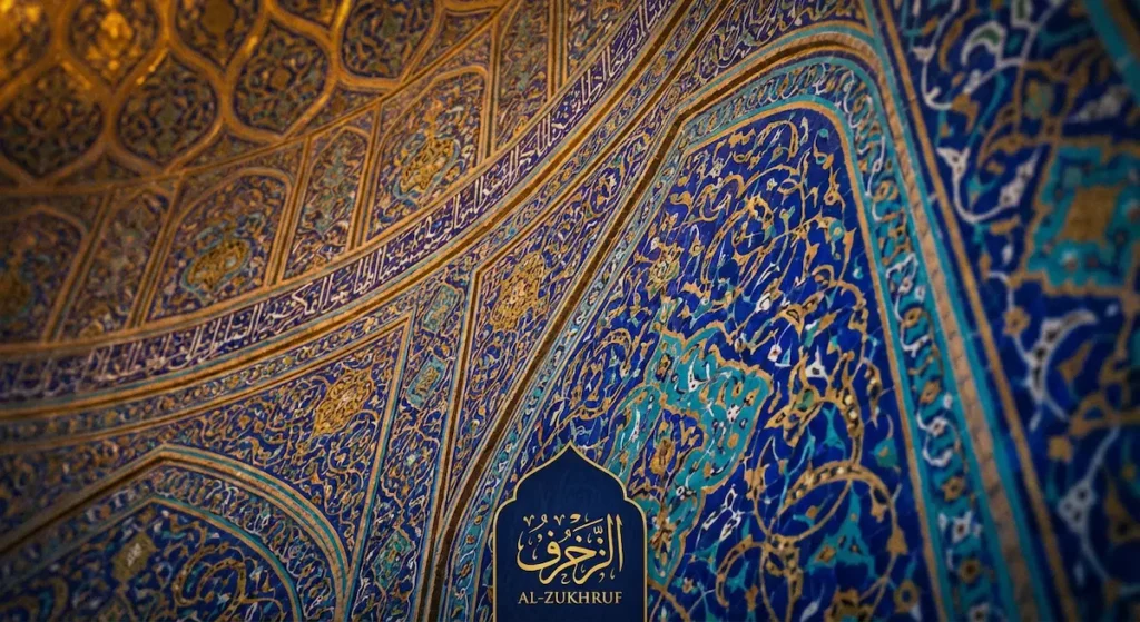 تفاصيل معمارية إسلامية لقبة مسجد مزينة ببلاط الفسيفساء الأزرق واللازورد والخط العربي.