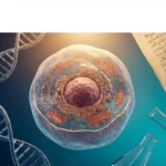 صورة علمية واقعية تُظهر خلية بشرية ثلاثية الأبعاد بتفاصيل مجهرية دقيقة، محاطة بعناصر علمية تشمل الحمض النووي وأدوات المختبر