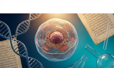 صورة علمية واقعية تُظهر خلية بشرية ثلاثية الأبعاد بتفاصيل مجهرية دقيقة، محاطة بعناصر علمية تشمل الحمض النووي وأدوات المختبر
