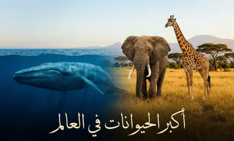 صورة غلاف تُظهر أكبر الحيوانات في العالم: الحوت الأزرق والفيل الإفريقي والزرافة في مشهد يجمع المحيط واليابسة