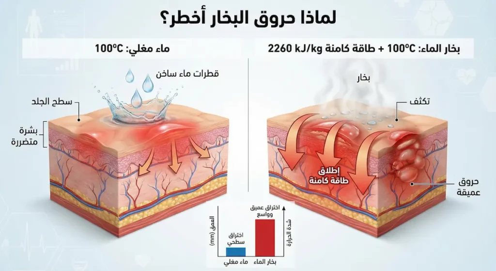 مقارنة علمية توضح سبب خطورة حروق البخار مقارنة بالماء المغلي بسبب الطاقة الكامنة المُحرَّرة