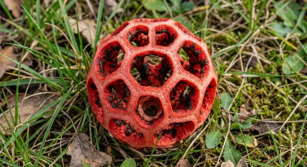 فطر سلة الورد الحمراء على شكل كرة شبكية حمراء بأضلاع متشابكة على أرضية حديقة خضراء