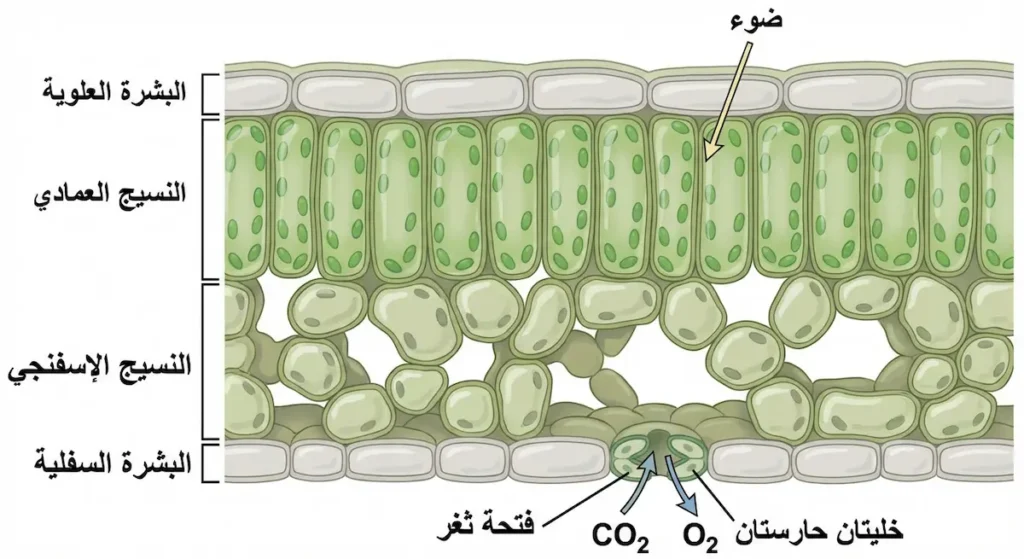 مقطع عرضي تشريحي في ورقة نبات يوضح طبقات البشرة العلوية والنسيج العمادي والنسيج الإسفنجي والبشرة السفلية مع الثغور