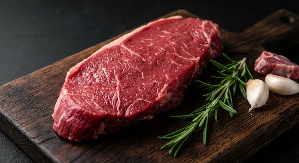 شريحة لحم بقري أحمر طازج خالية من الدهون على لوح تقطيع خشبي، مصدر غني بالبروتين والحديد الهيمي