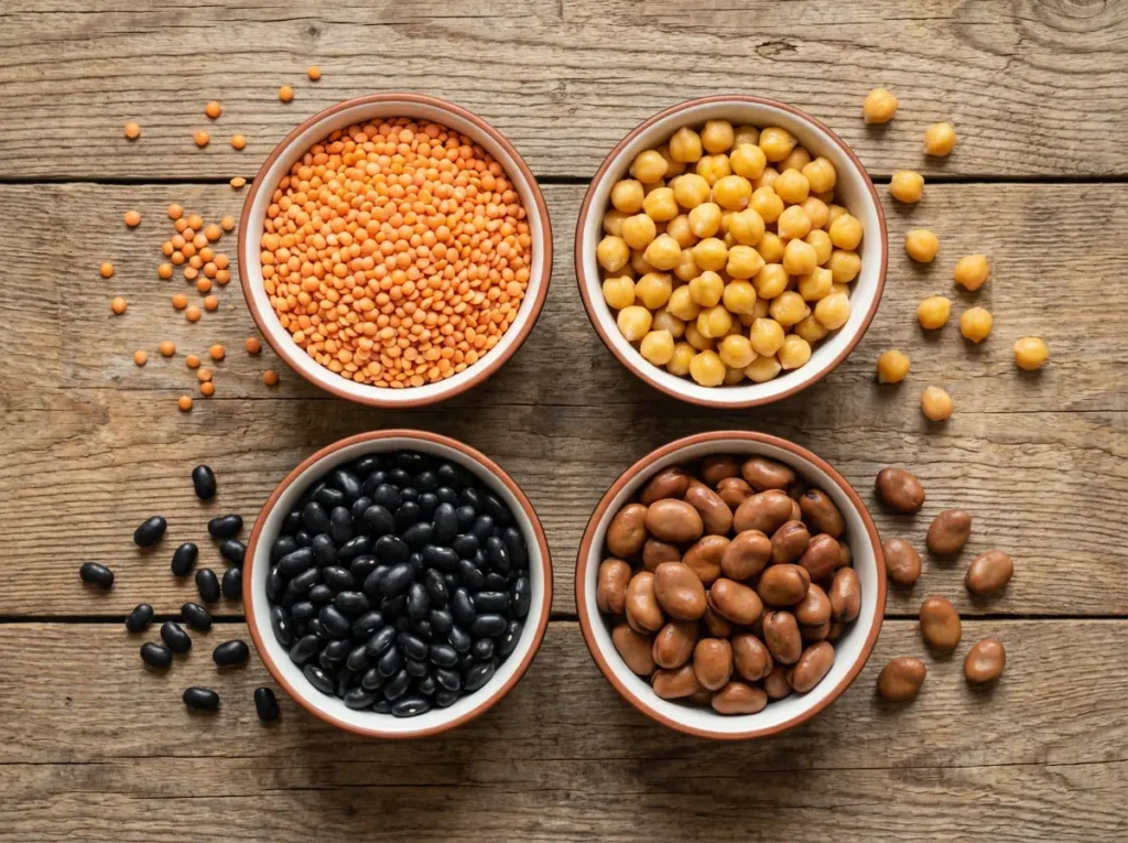 أربعة أوعية تحتوي على أنواع مختلفة من البقوليات: العدس الأحمر والحمص والفاصوليا السوداء والفول المدمس