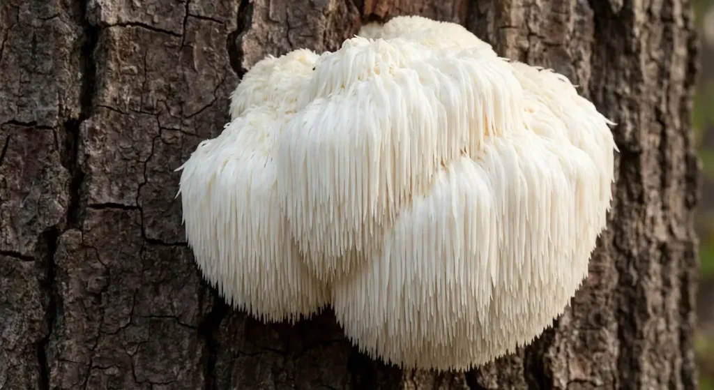 فطر رأس الأسد أبيض اللون بخيوط طويلة متدلية تشبه لبدة الأسد ينمو على جذع شجرة
