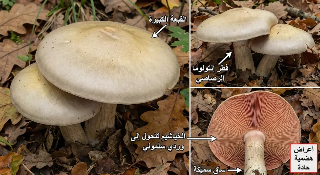 صورة بإطار مزدوج تُظهر قبعة كبيرة وخياشيم وردية سلمونية لفطر إنتولوما الرصاصي مع تسميات عربية.