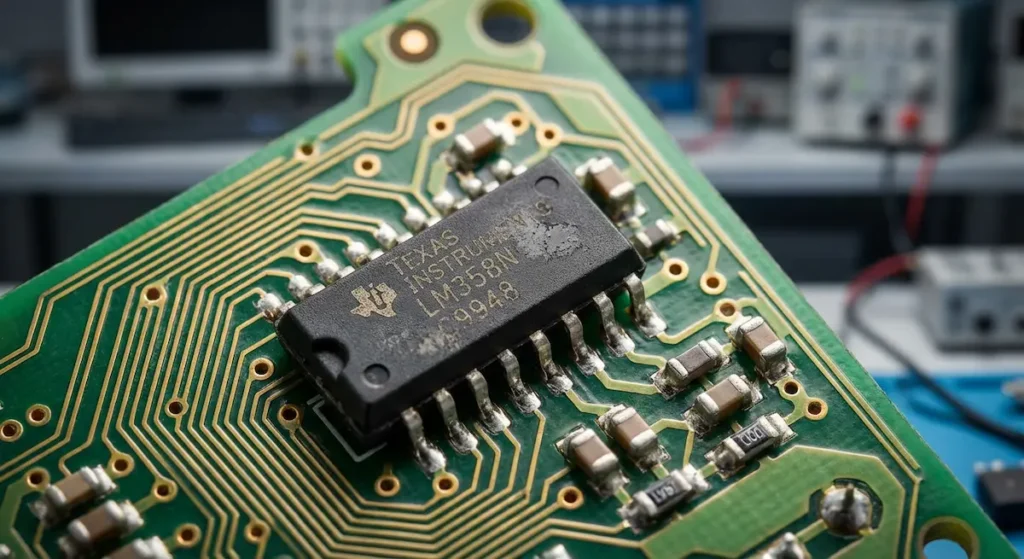  لوحة دائرة إلكترونية خضراء تُظهر شريحة متكاملة سوداء ومسارات نحاسية دقيقة