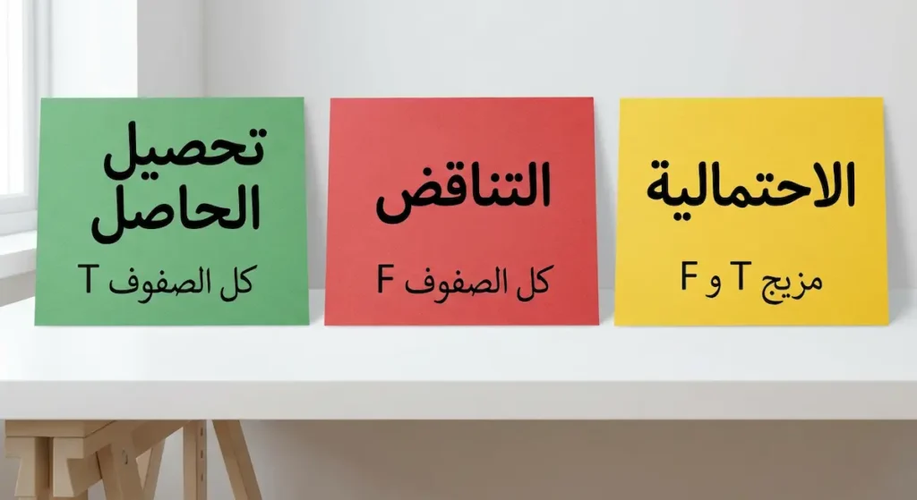 ثلاث بطاقات ملونة تعرض تصنيف العبارات المنطقية تحصيل الحاصل والتناقض والاحتمالية