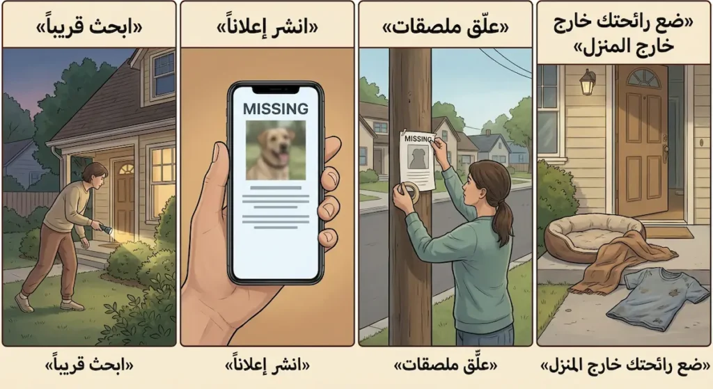 إنفوجرافيك من أربع خطوات: البحث قرب المنزل، نشر إعلان، تعليق ملصقات، ووضع رائحة المالك خارج المنزل.