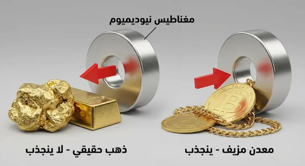 مقارنة بين الذهب الحقيقي الذي لا ينجذب للمغناطيس والمعدن المزيف الذي ينجذب بوضوح