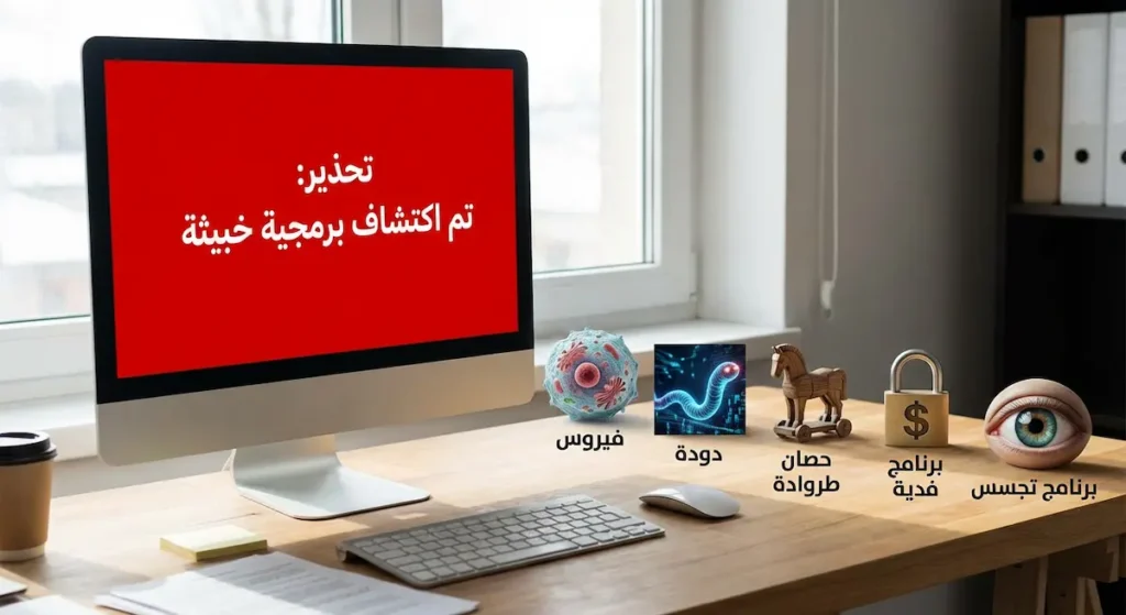 أنواع البرمجيات الخبيثة الخمسة الرئيسية: الفيروسات والديدان وأحصنة طروادة وبرامج الفدية وبرامج التجسس