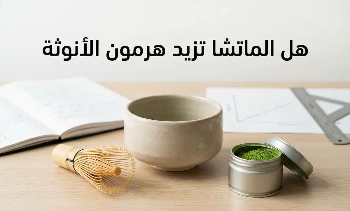 غلاف واقعي لكوب ماتشا مع مضرب خيزراني وعلبة مسحوق ماتشا، مع كلمة “هل الماتشا تزيد هرمون الأنوثة” مكتوبة بالعربية