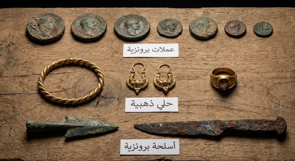 واجهة عرض متحفية تضم مجموعة من اللقى المعدنية تشمل عملات برونزية وحلياً ذهبية وأسلحة قديمة