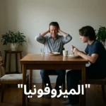 شخص يغطي أذنيه بيديه بتعبير انزعاج شديد أثناء جلوسه على طاولة طعام بينما يأكل شخص آخر أمامه