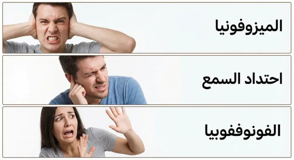 مقارنة بصرية بين ثلاثة اضطرابات مختلفة تتعلق بالحساسية للأصوات مع تعبيرات وجه مميزة لكل منها