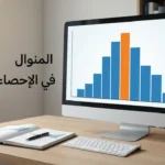 شاشة حاسوب تعرض مدرجاً تكرارياً مع عمود مميز يمثل المنوال، على مكتب أنيق بجانبه دفتر ملاحظات إحصائية