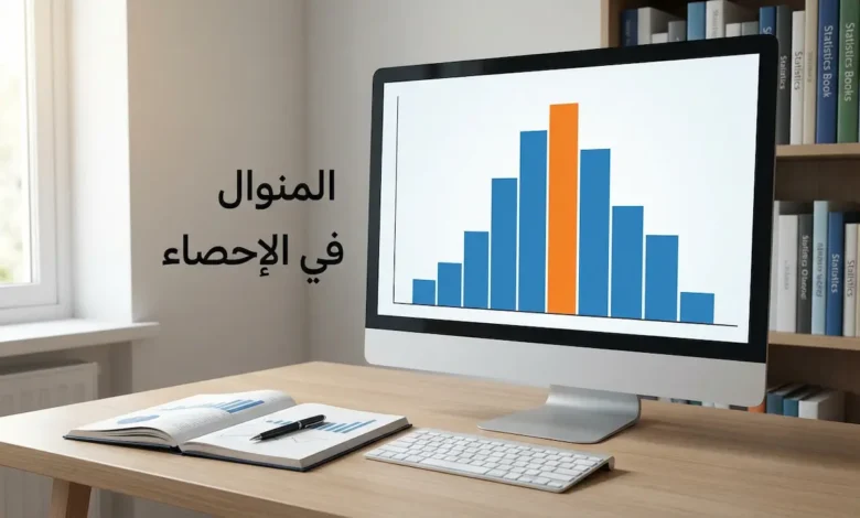 شاشة حاسوب تعرض مدرجاً تكرارياً مع عمود مميز يمثل المنوال، على مكتب أنيق بجانبه دفتر ملاحظات إحصائية